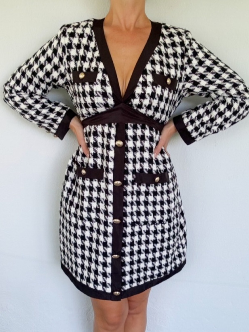 Pomander Place black white houndstooth tweed tie sash long sleeve dress medium